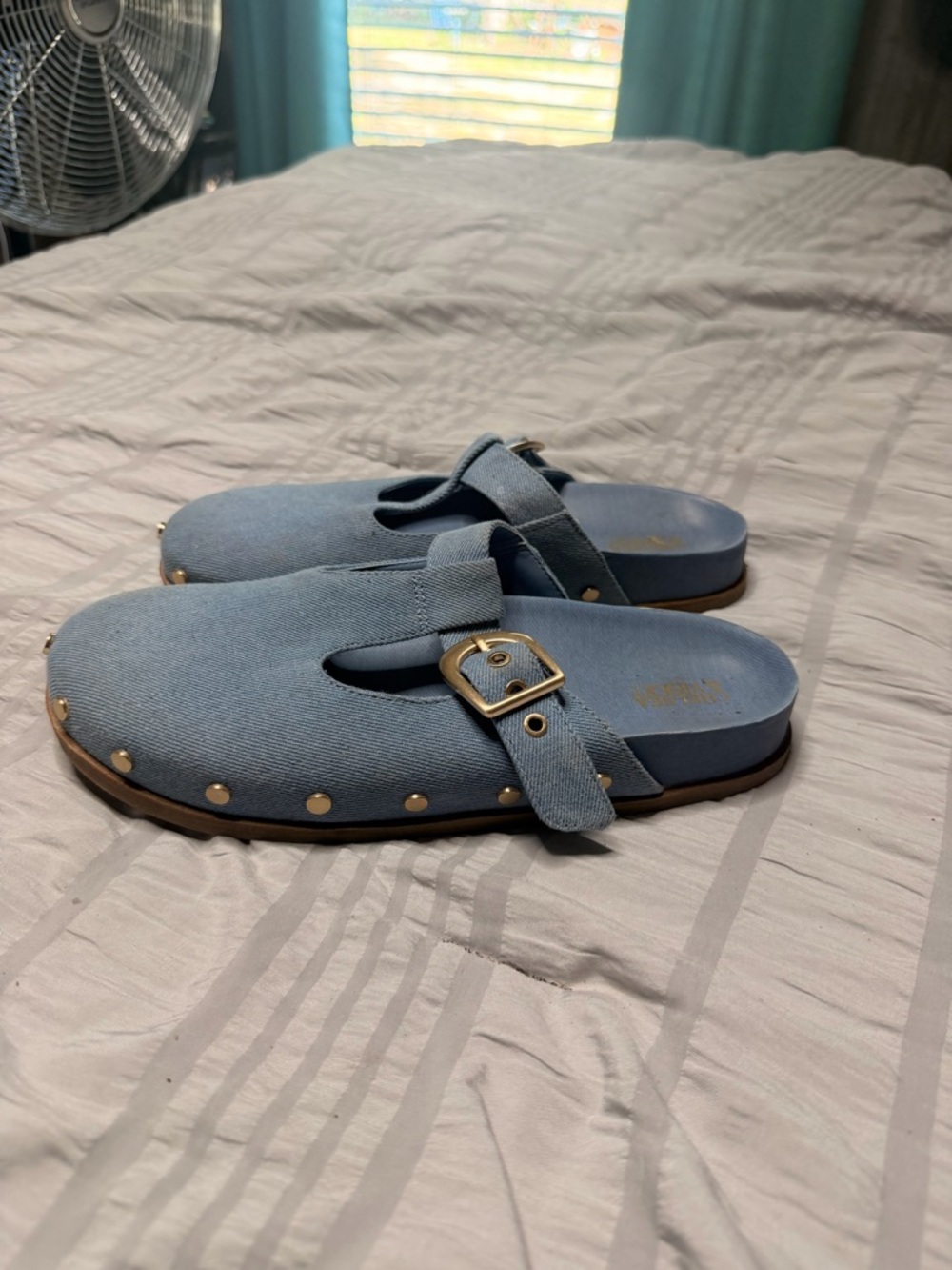 Chelsea & Violet Light Blue Studded Canvas Mules